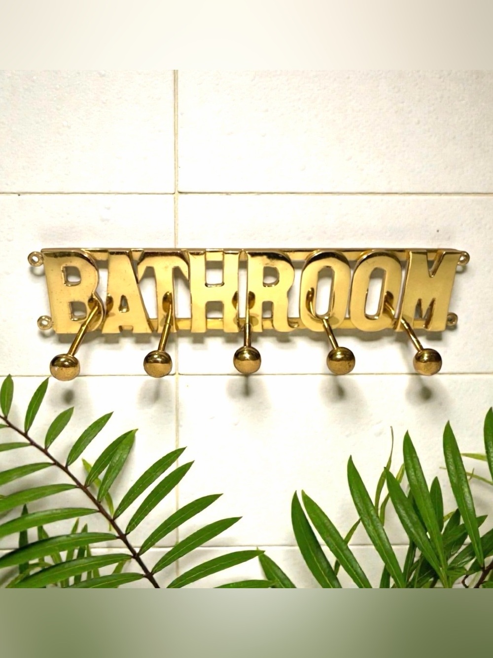 Vtg Brass "Bathroom" Wall Hook Rack 5 Towel Robe Hooks Gold Lettering 14x3"